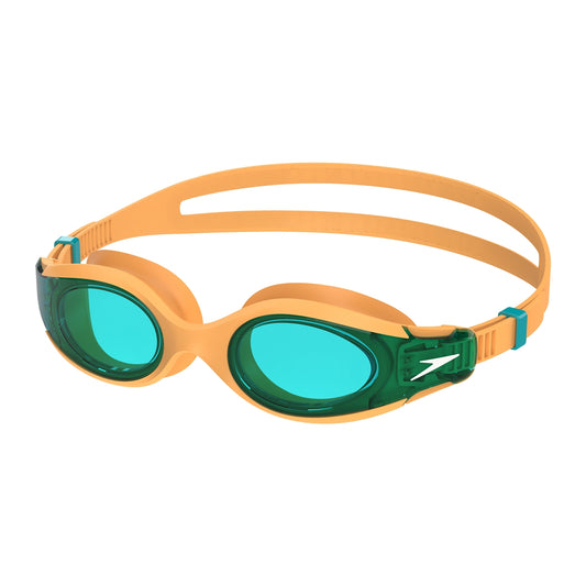 Speedo Junior Hydrosity 2.0 swimming goggles in orange with adjustable straps and clear lenses for young swimmers.