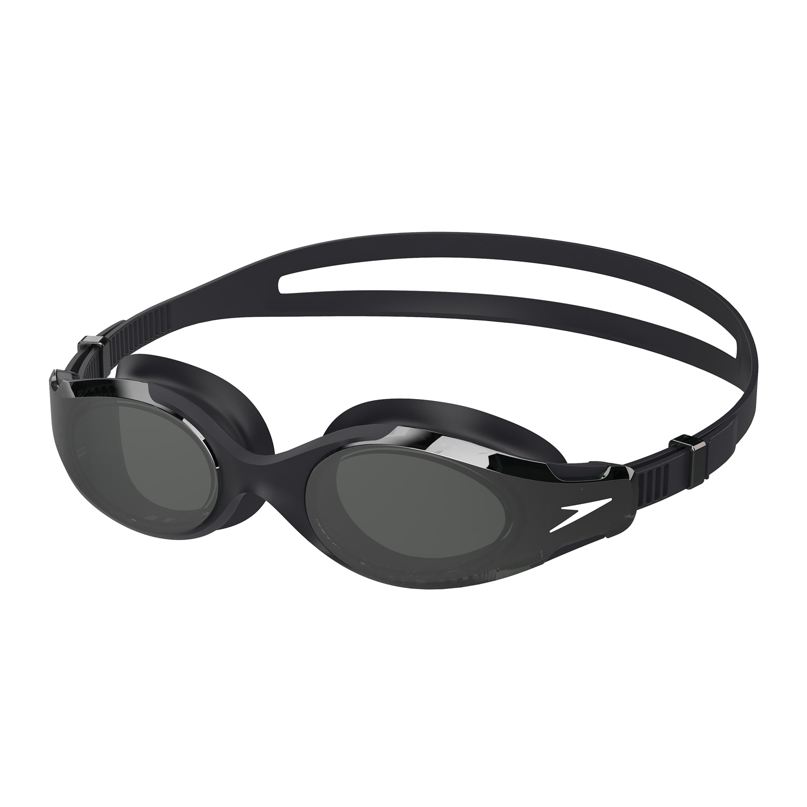 Speedo Hydrosity 2.0 mirrored black swimming goggles with adjustable straps and clear lens for improved underwater visibility.