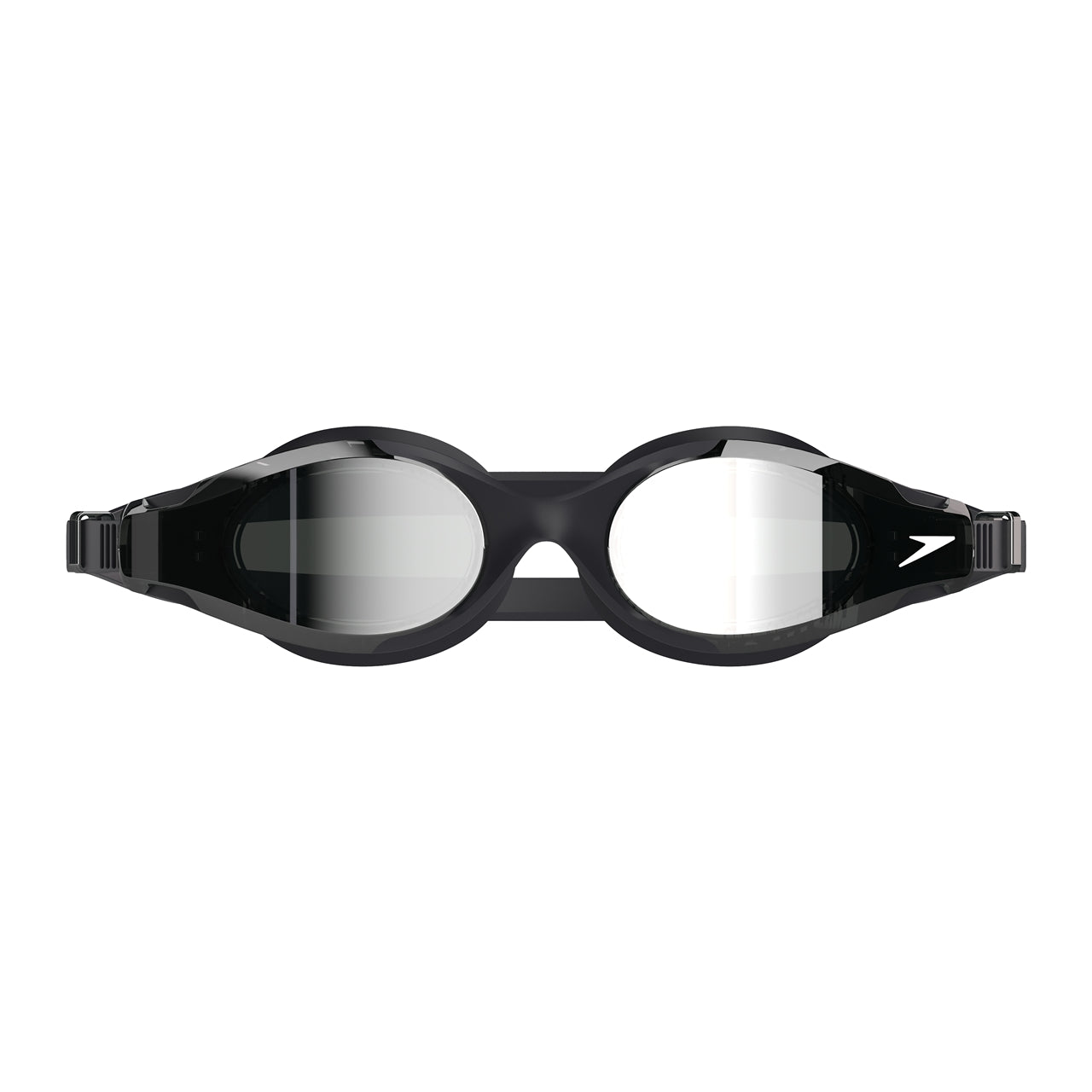 Speedo Hydrosity 2.0 mirrored swimming goggles in black, featuring a sleek design with adjustable straps and tinted lenses.