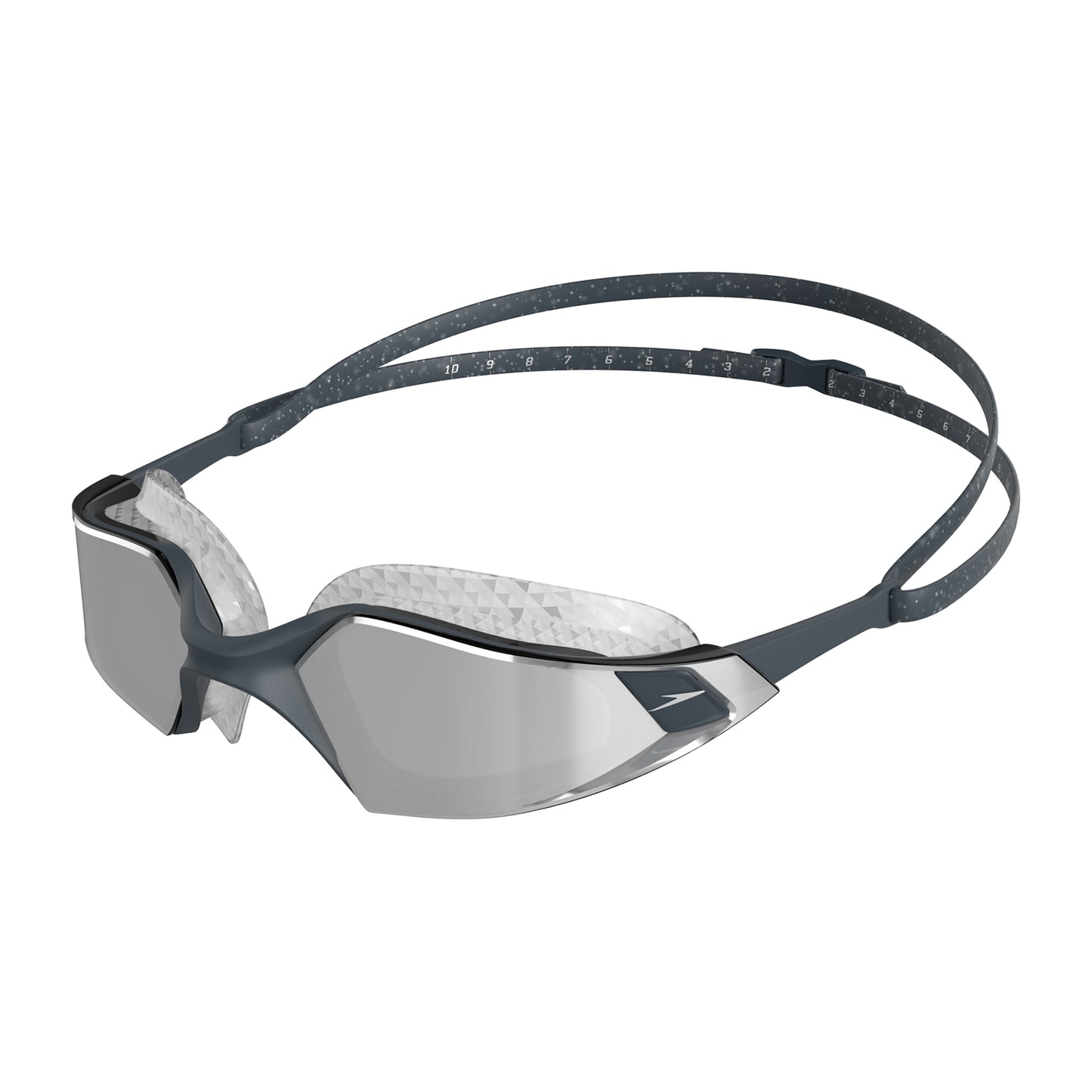 Speedo Aquapulse Pro mirrored swimming goggles with grey and silver lenses, designed for comfortable fit and clear underwater vision.