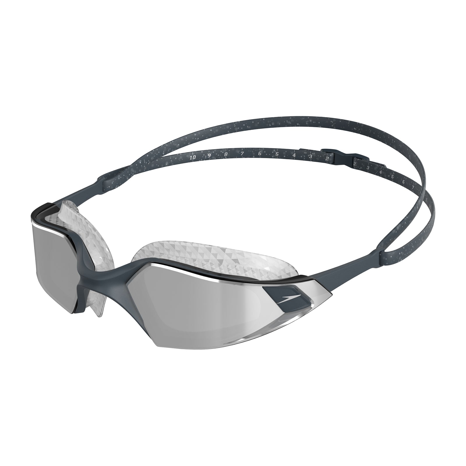 Speedo Aquapulse Pro mirrored swimming goggles with grey and silver lenses, designed for comfortable fit and clear underwater vision.