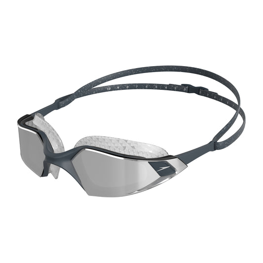 Speedo Aquapulse Pro mirrored swimming goggles with grey and silver lenses, designed for comfortable fit and clear underwater vision.