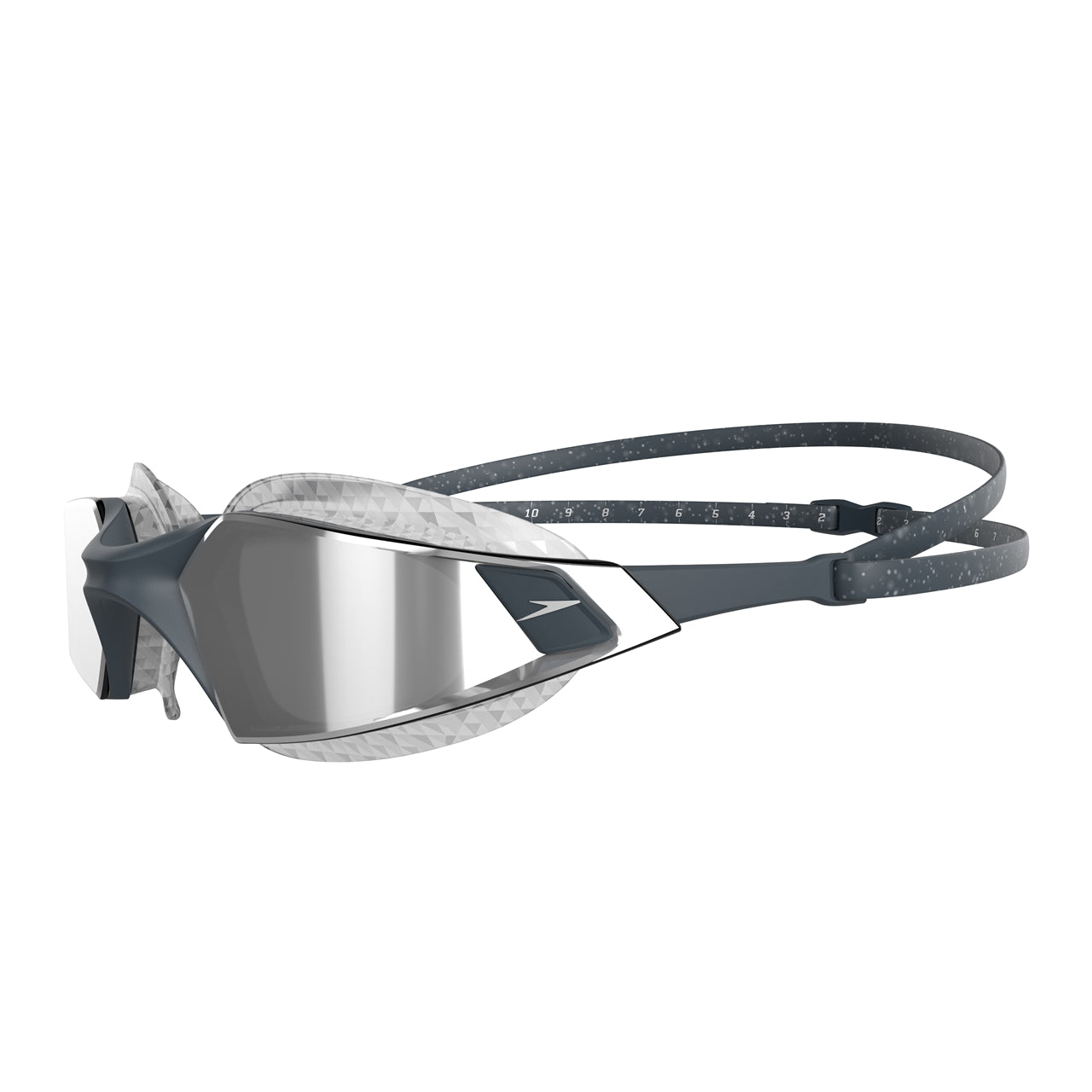 Speedo Aquapulse Pro mirrored swimming goggles with grey and silver lenses and adjustable strap, designed for comfortable fit.