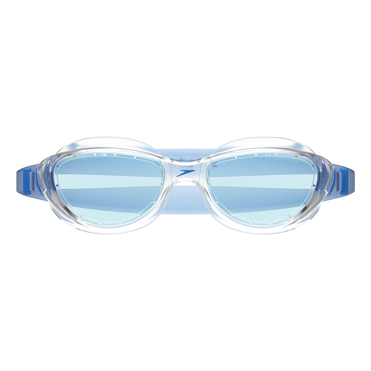 Clear Speedo Futura Hydrospex swimming goggles with adjustable straps and silicone seals, designed for comfortable swimming.