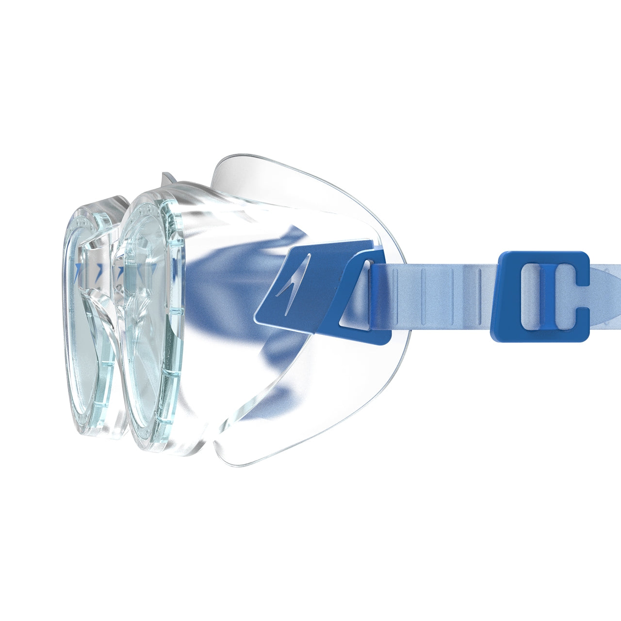 Clear Speedo Futura Hydrospex swimming goggles with adjustable straps and smooth, seal-enhancing lenses for comfortable swimming.