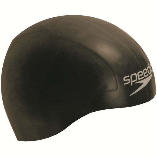 Black Speedo Aqua V racing swimming cap shown on a model, designed for competitive swimming and water sports.