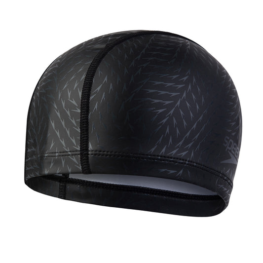 Speedo Boom Ultra Pace swimming cap in orange and gray, lightweight and snug fit for competitive swimmers.