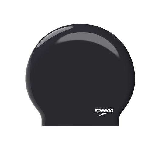 Black Speedo Biofuse protective swimming cap designed for large head sizes, offering comfort and secure fit for swimmers.