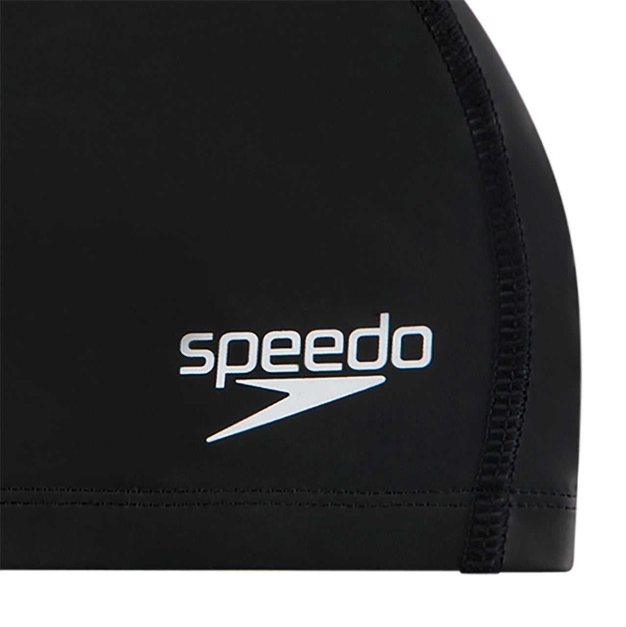 Black Speedo Ultra Pace swimming cap shown in close-up, made of smooth, flexible material for comfortable fit during swim sessions.