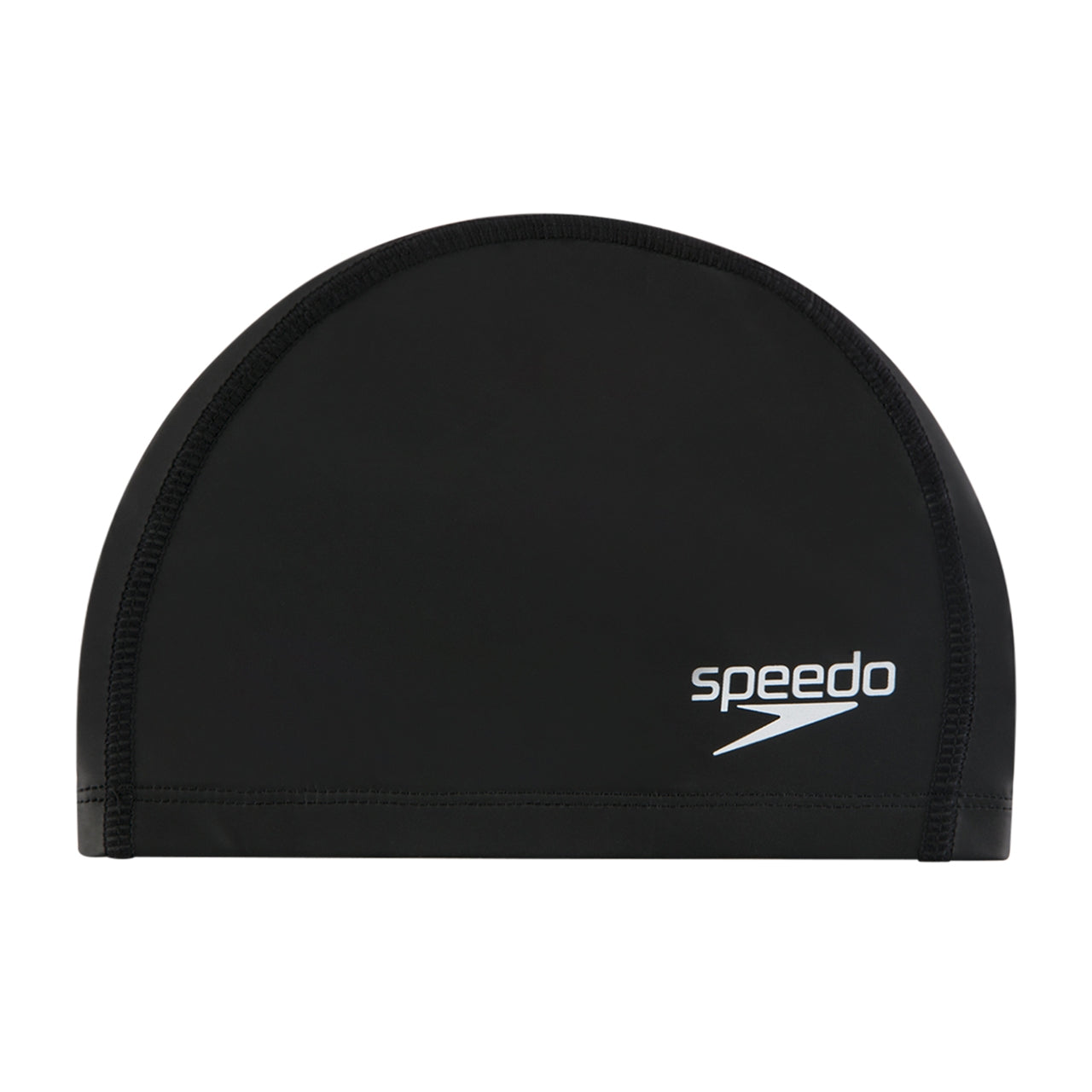 Black Speedo Ultra Pace swimming cap, made for performance and comfort, shown on a model in a swimming pool.