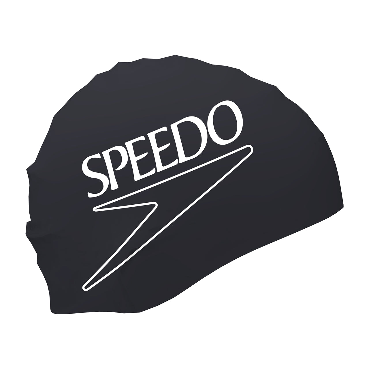 Speedo Printed Biofuse swimming cap in black, made of flexible biofuse material, designed for comfortable swimming.
