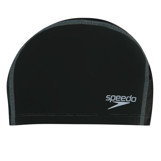 Black Speedo long hair swimming cap made of stretchy silicone, designed to fit comfortably and reduce drag in the water.