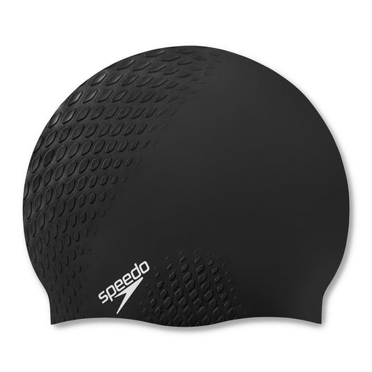 Black Speedo Bubble Active swimming cap designed for comfort and performance in swimming activities.