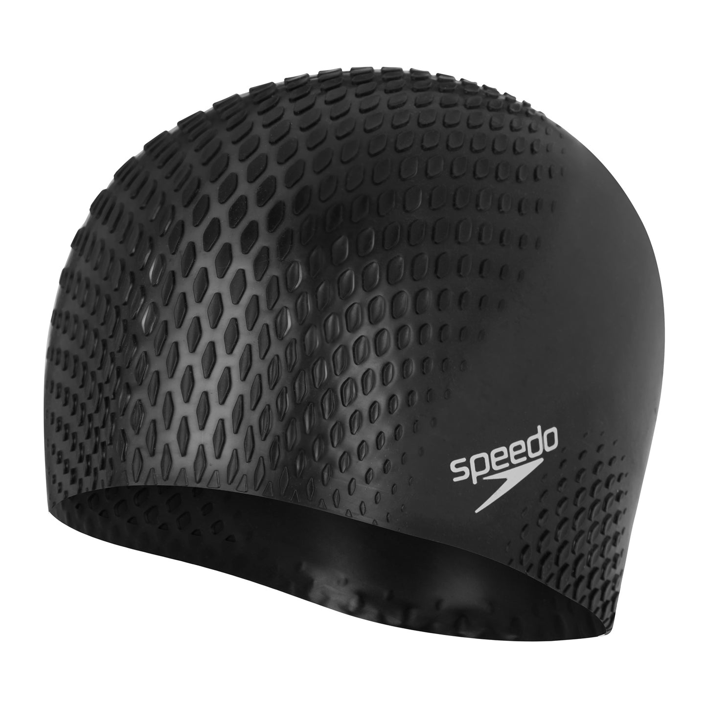 Speedo Bubble Active+ black swimming cap shown on a model, designed for comfortable swimming and water sports.