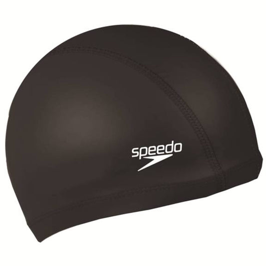 Black Speedo Pace swimming cap, snug fit, made for comfortable water sports, with the Speedo logo visible on the front.