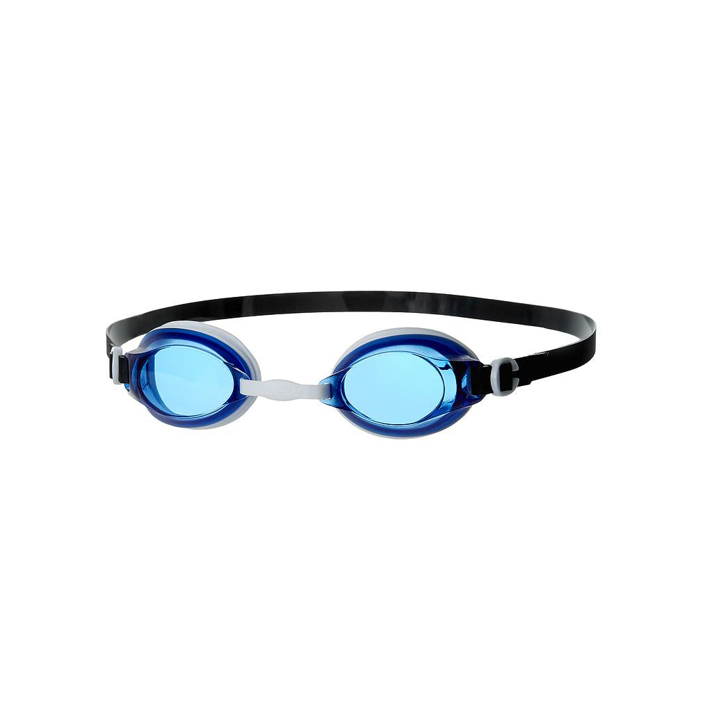 Speedo Jet Junior swimming goggles with adjustable straps and clear lenses, designed for comfortable fit and swimming performance.