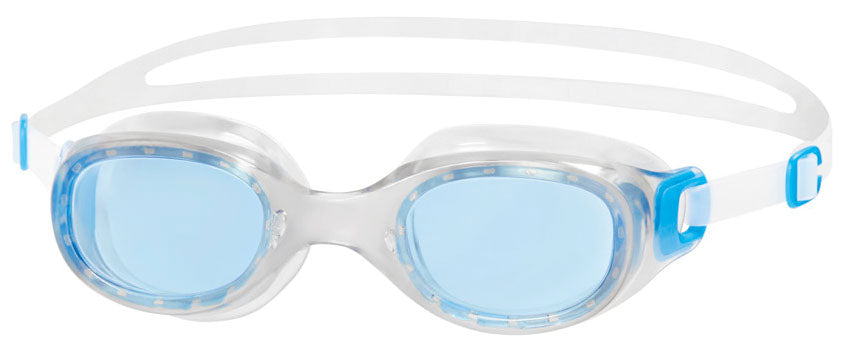 Speedo Futura Classic goggles with clear lenses and adjustable strap, designed for competitive swimming and sports activities.