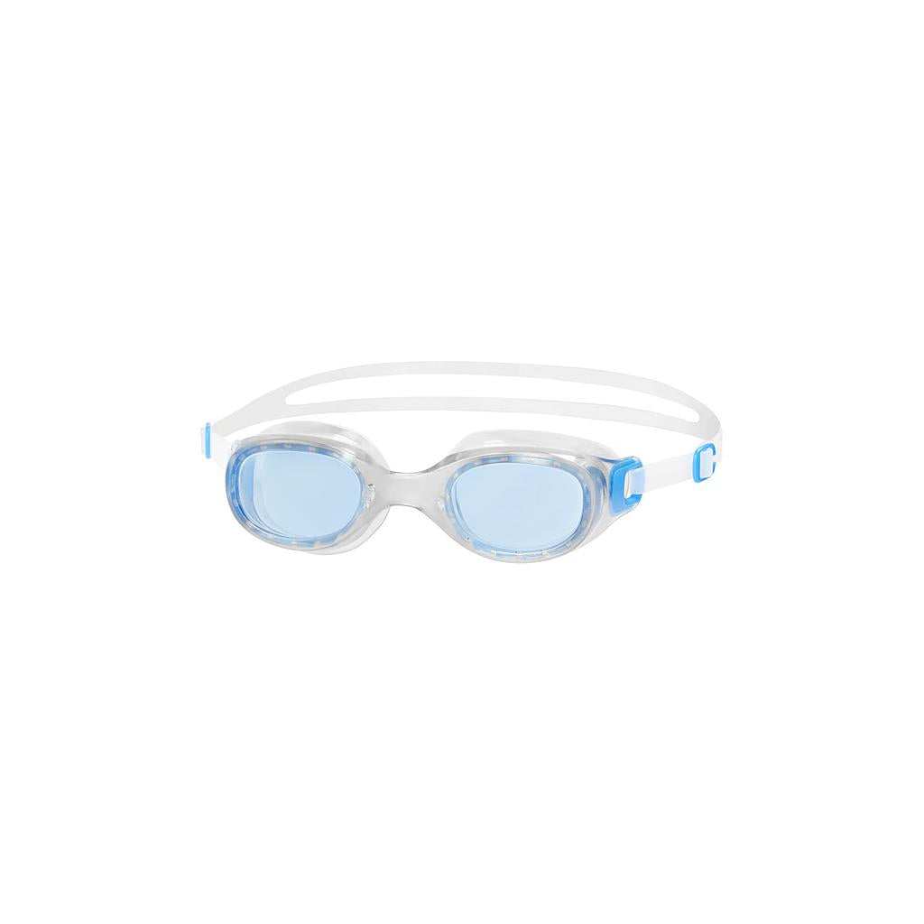 Speedo Futura Classic swimming goggles with adjustable straps and clear lenses, designed for comfortable, leak-proof fit during swim practice.