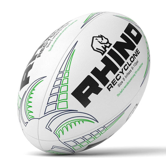 Rhino Recyclone rugby training ball with bold green and black design, suitable for practice and training sessions.