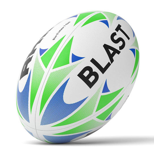 Rhino Blast rugby ball with durable hand-stitched design, suitable for training and sporting use in rugby games
