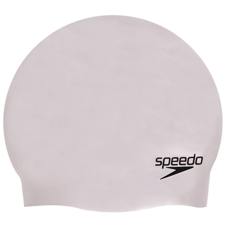 Speedo senior silicone swimming cap in blue, with smooth surface and snug fit, designed for comfortable and secure water wear.