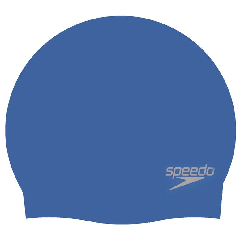 Speedo senior silicone swimming cap shown in bright blue with smooth, snug fit for comfortable water sport use.