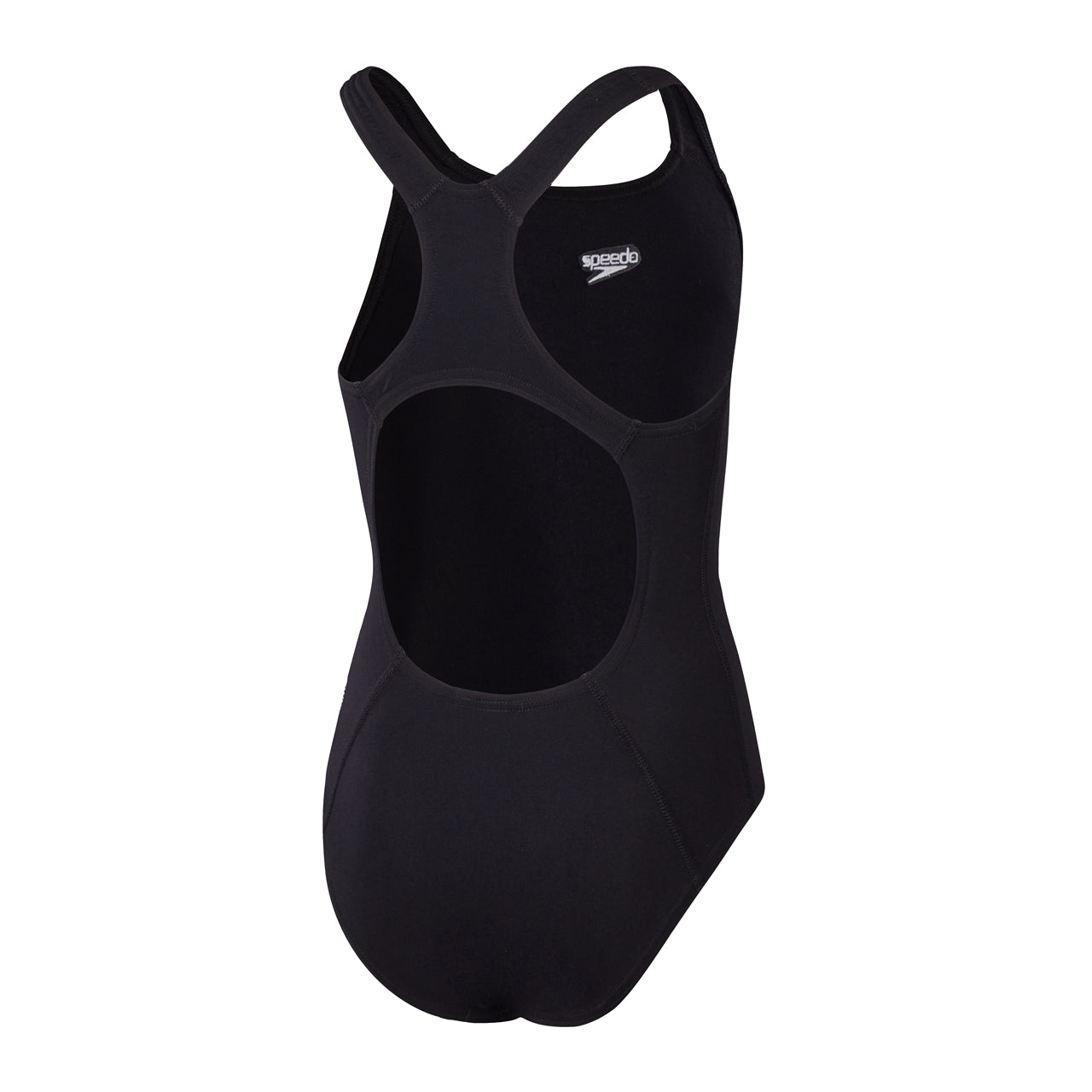 Speedo Ladies Eco Endurance+ Medalist swimming costume, close-up of black and purple swimsuit with Speedo logo.