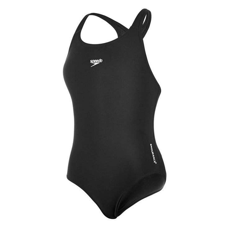 Speedo Girls Endurance+ Medalist swimming costume shown in blue with sleek design and adjustable straps.