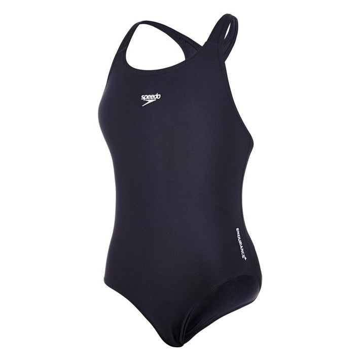 Speedo Girls Endurance+ Medalist swimming costume with colorful pattern, designed for competitive swimming and durability.
