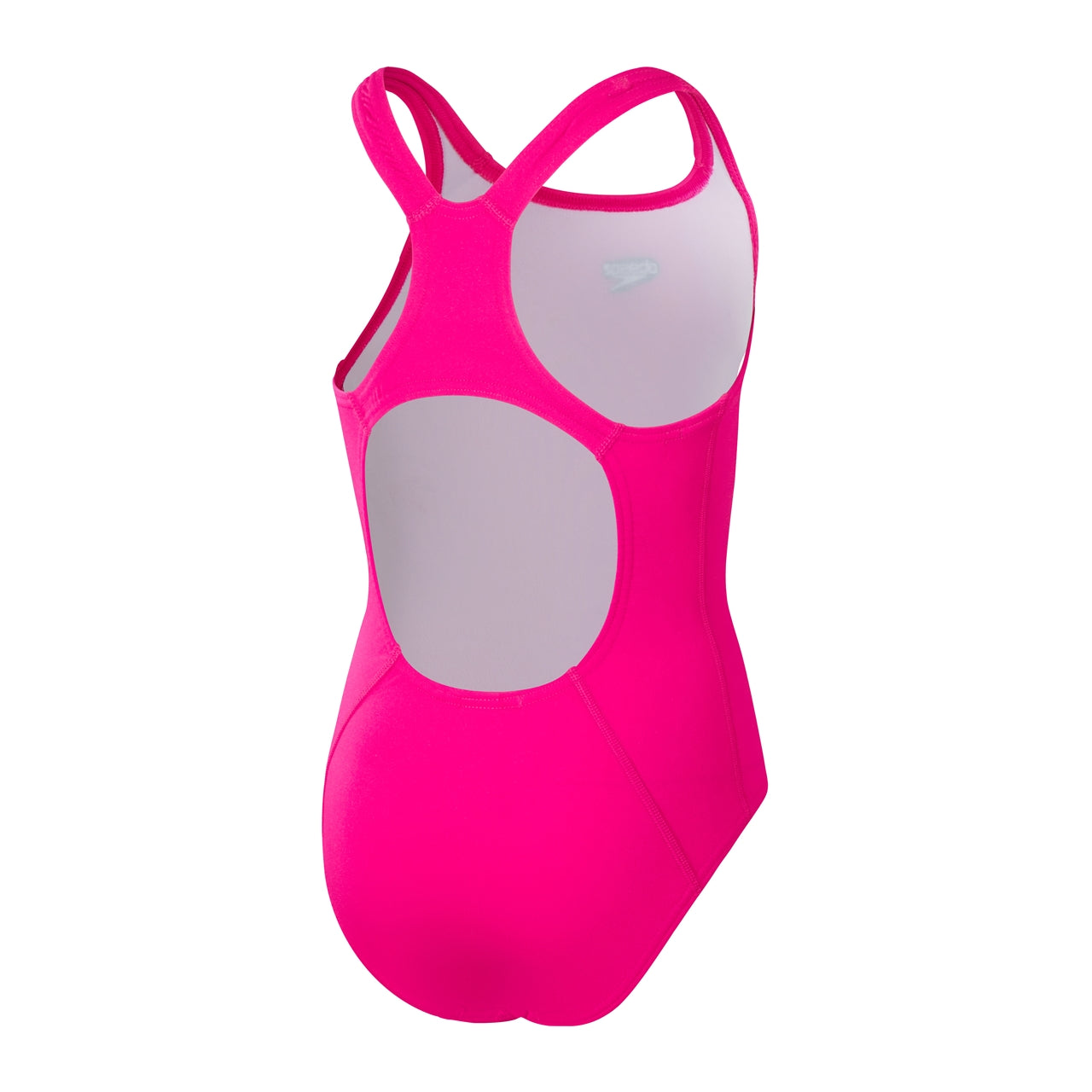 Speedo Girls Endurance+ Medalist swimming costume, blue and pink swimsuit with racing stripe design, suitable for competitive swimming.