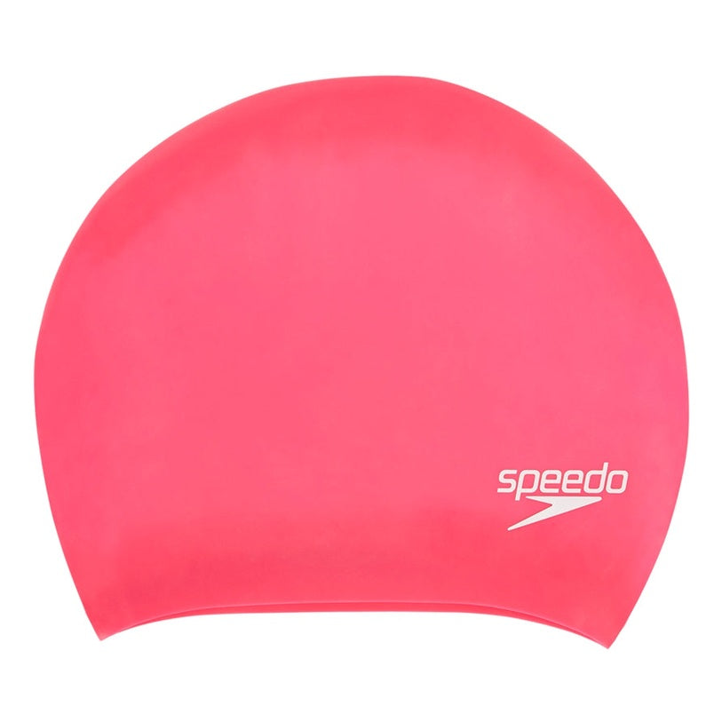 Speedo long hair swim cap in black, made for swimming, designed to keep long hair secure and dry during water activities.