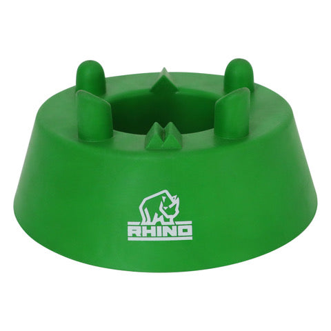 Rhino Eco Rugby Kicking Tee for sporting goods, showing a green and black rubber kicking tee on a white background.