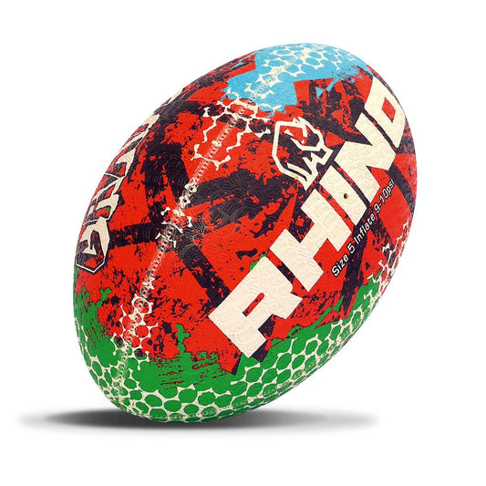 Rhino Graffiti Rugby Ball with vibrant graffiti design, crafted for sporting goods and rugby enthusiasts.