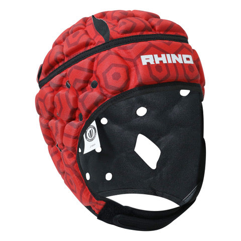 Rhino JB VII adult head guard for sporting goods, featuring padded protective ear and face coverage, in black and red.