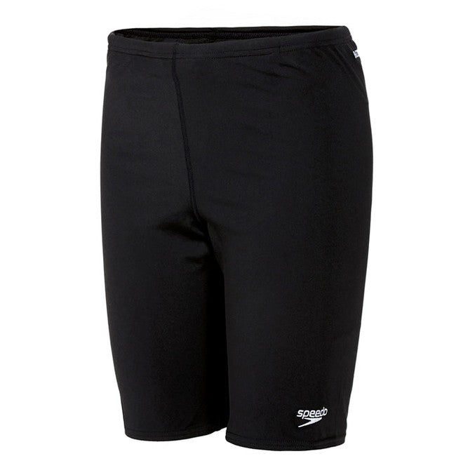 Speedo Junior Endurance+ swimming jammer shorts in black with Speedo logo, designed for durability and comfort in the pool.