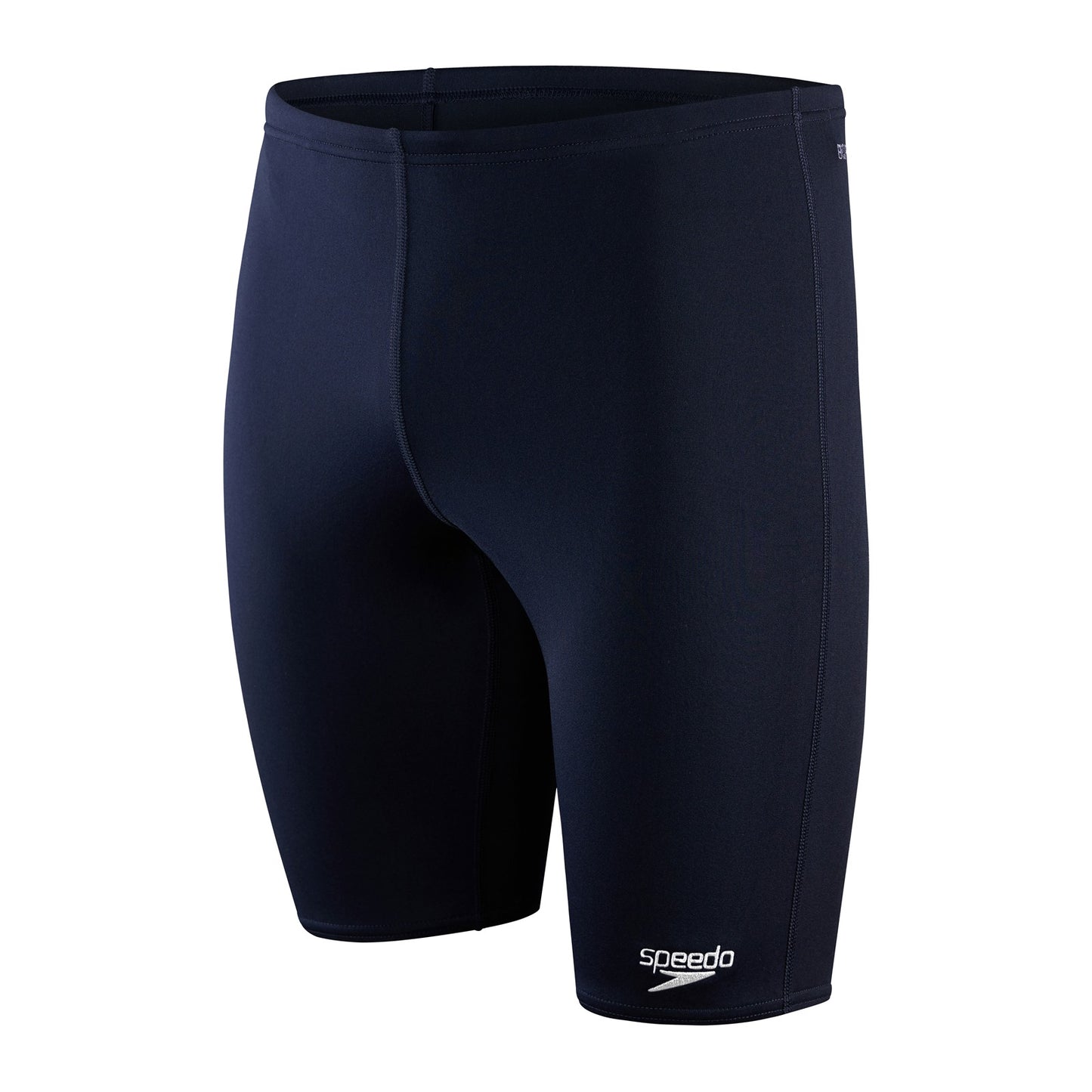 Speedo men's Eco Endurance+ swimming jammer, close-up of navy blue swimwear with Speedo logo on the waistband.