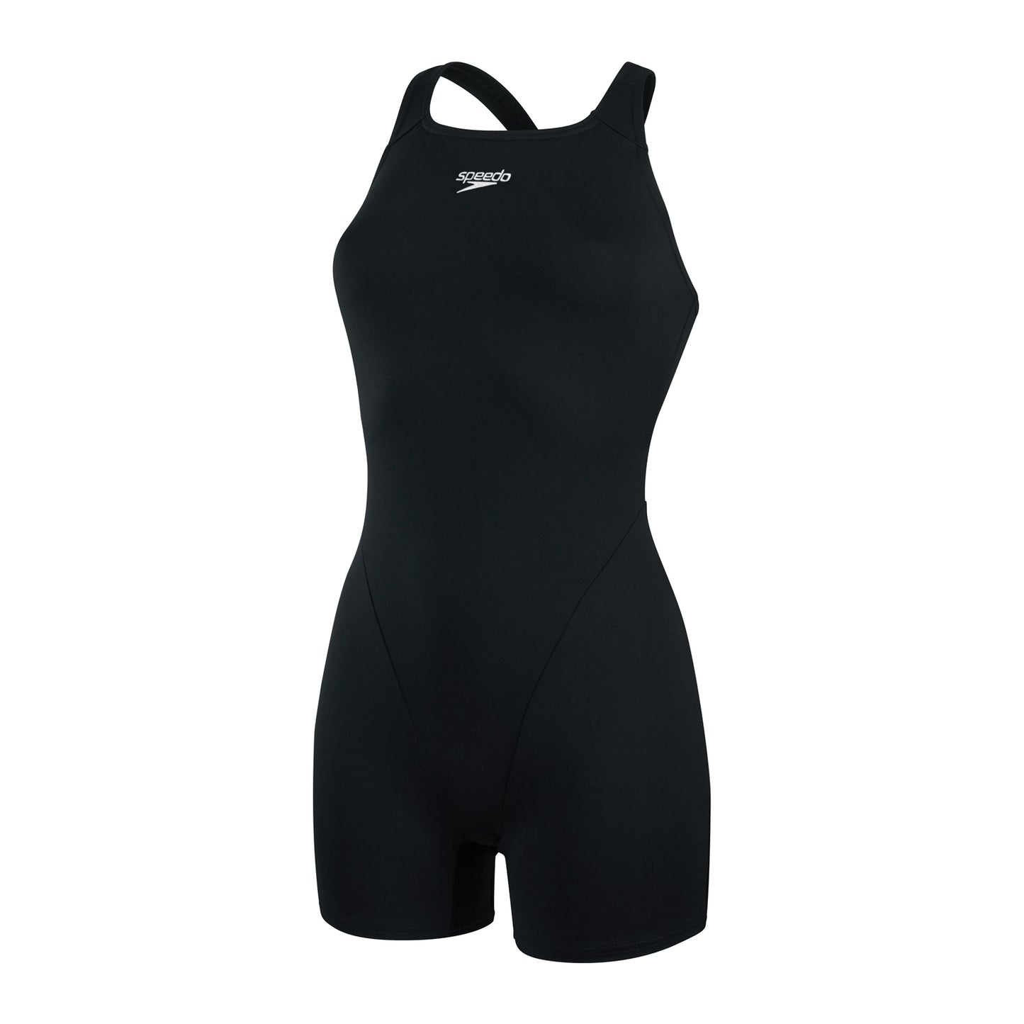 Speedo Ladies Legsuit Eco Endurance+ swimming suit in black with sleek design, suitable for competitive and recreational swimming.