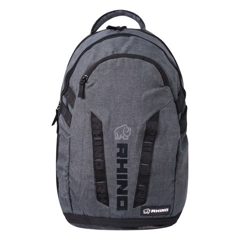 Rhino Match Backpack for sporting goods, showing black and gray design with multiple compartments and adjustable straps.