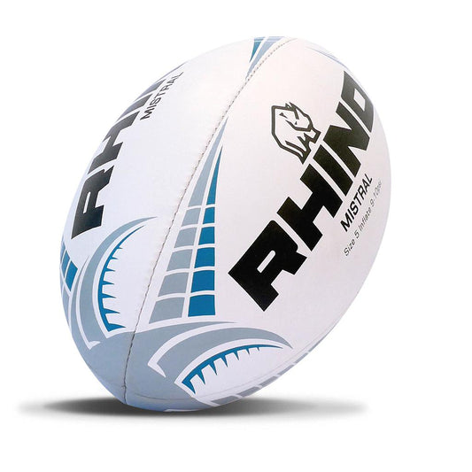 Rhino Mistral Gripless Training Ball for sports, showing a close-up of the ball's textured surface and branding.