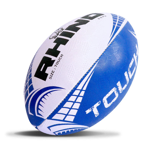 Rhino Touch Rugby Ball, sporting goods, shown with close-up of textured surface and brand logo for touch rugby games