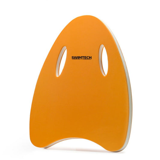 SwimTech ergonomic dual-grip kickboard for swimming training, featuring a sturdy plastic design with comfortable handles.