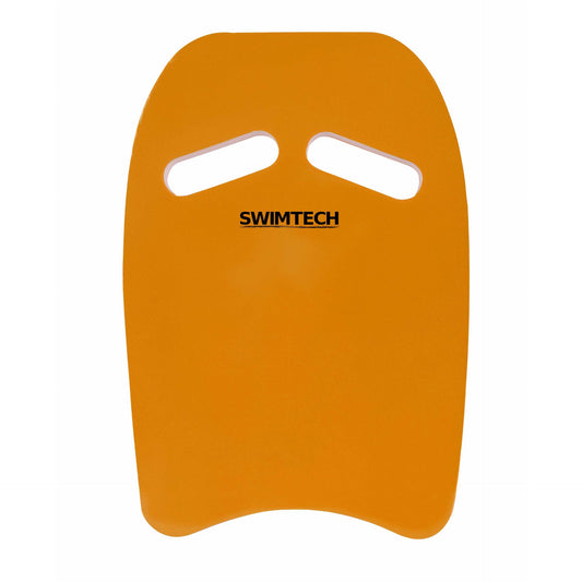 SwimTech Classic Dual-Grip Kickboard for swimming training, showing a bright yellow lightweight sporting goods kickboard with dual handles.
