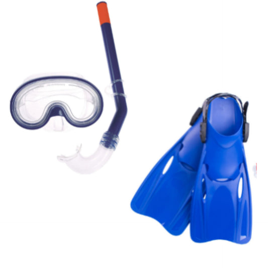 SwimTech Junior Snorkel Set with mask and snorkel for kids, featuring adjustable straps and bright blue and yellow design.