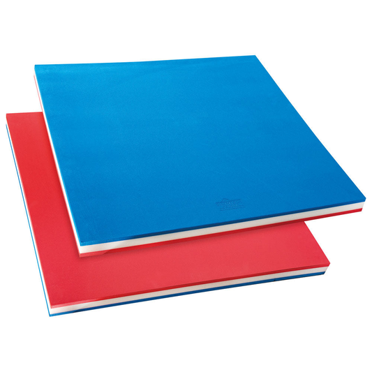 Blue and red SwimTech Swim Square Raft, 965mm x 955mm x 60mm, shown floating on water with a textured surface.