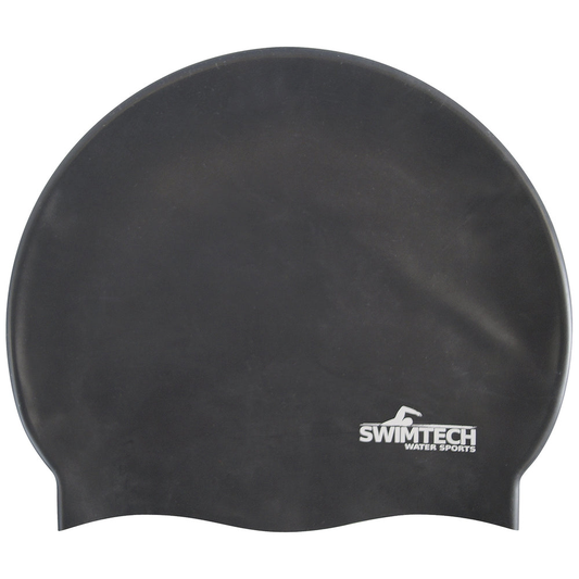 SwimTech silicone swim cap in black, designed for comfortable fit and durable performance during swimming activities.