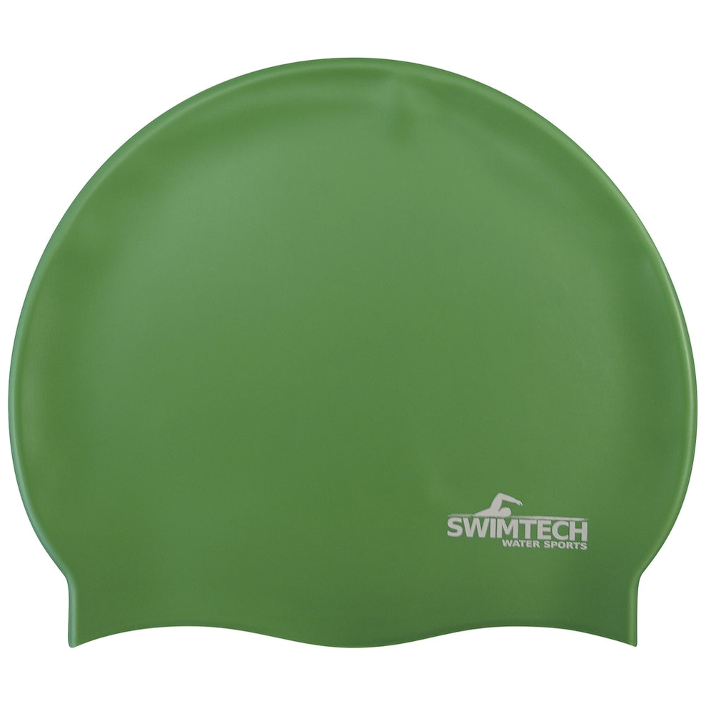 SwimTech silicone swim cap in bright blue, smooth and stretchy, designed for comfortable water sports and swimming sessions.