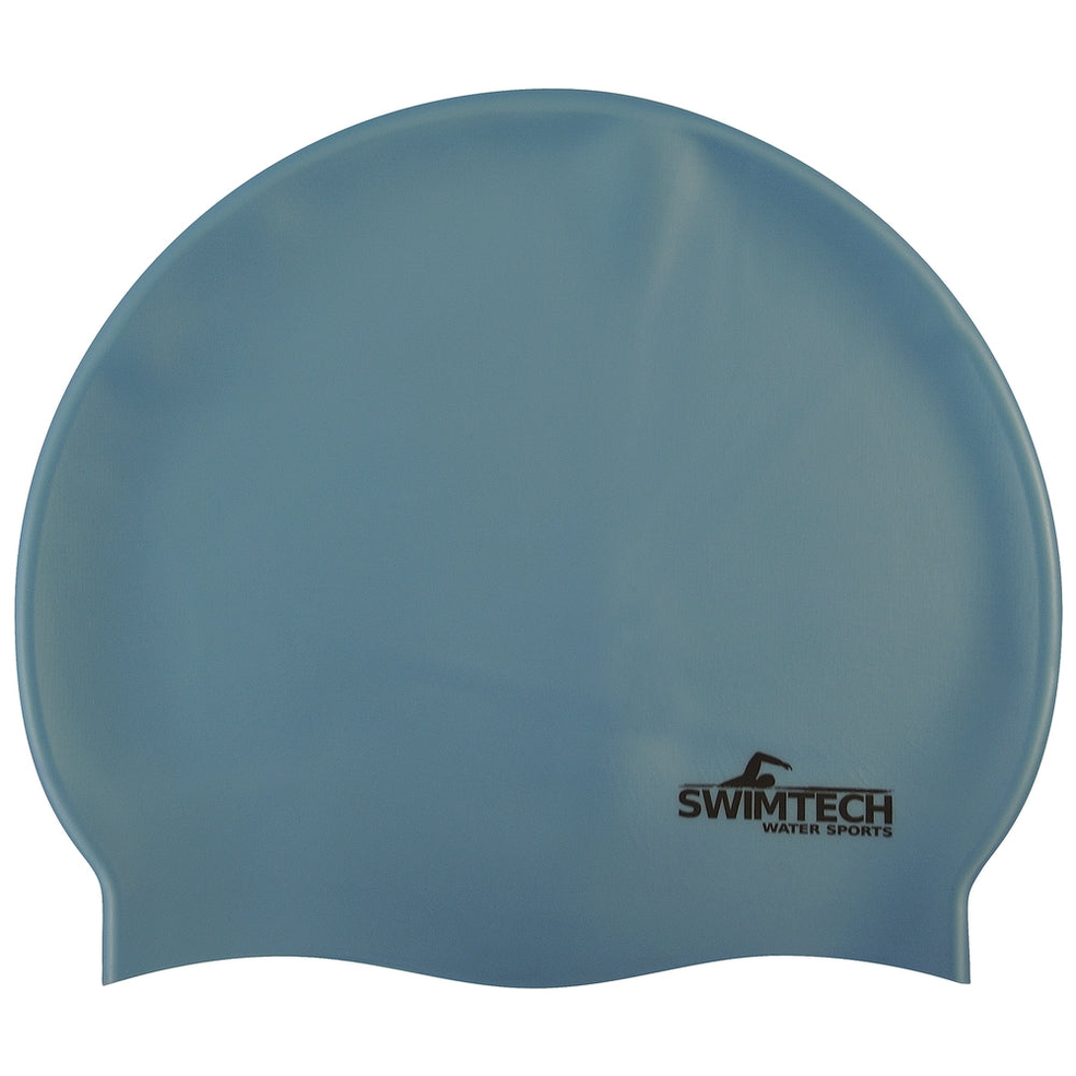 SwimTech silicone swim cap in black with smooth, snug fit designed for comfortable swimming and waterproof protection.