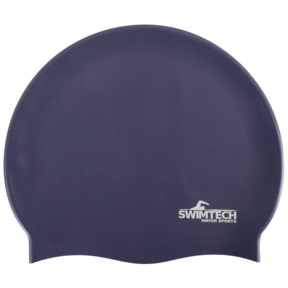 SwimTech Silicone Swim Cap in black, designed for swimmers, made from durable silicone material, fits snugly for water sports.