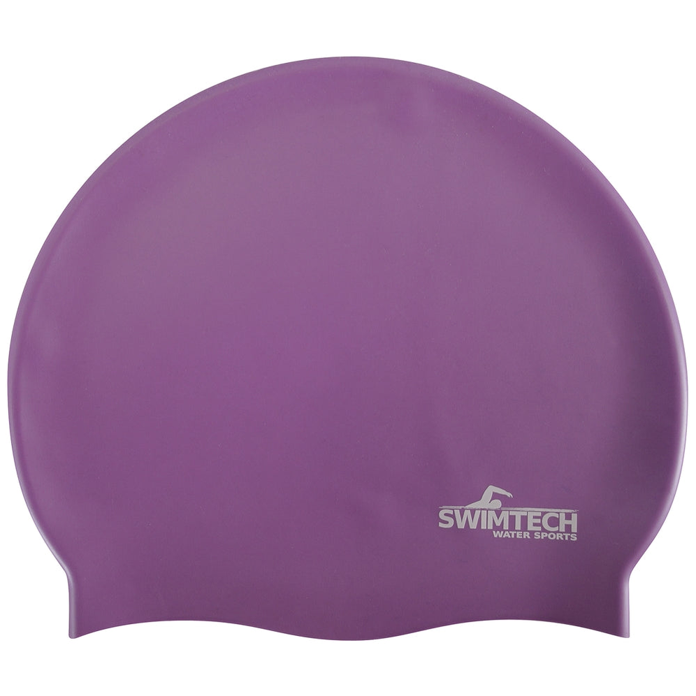 SwimTech silicone swim cap in bright blue, designed for comfortable, snug fit during swimming, with smooth, stretchy material.