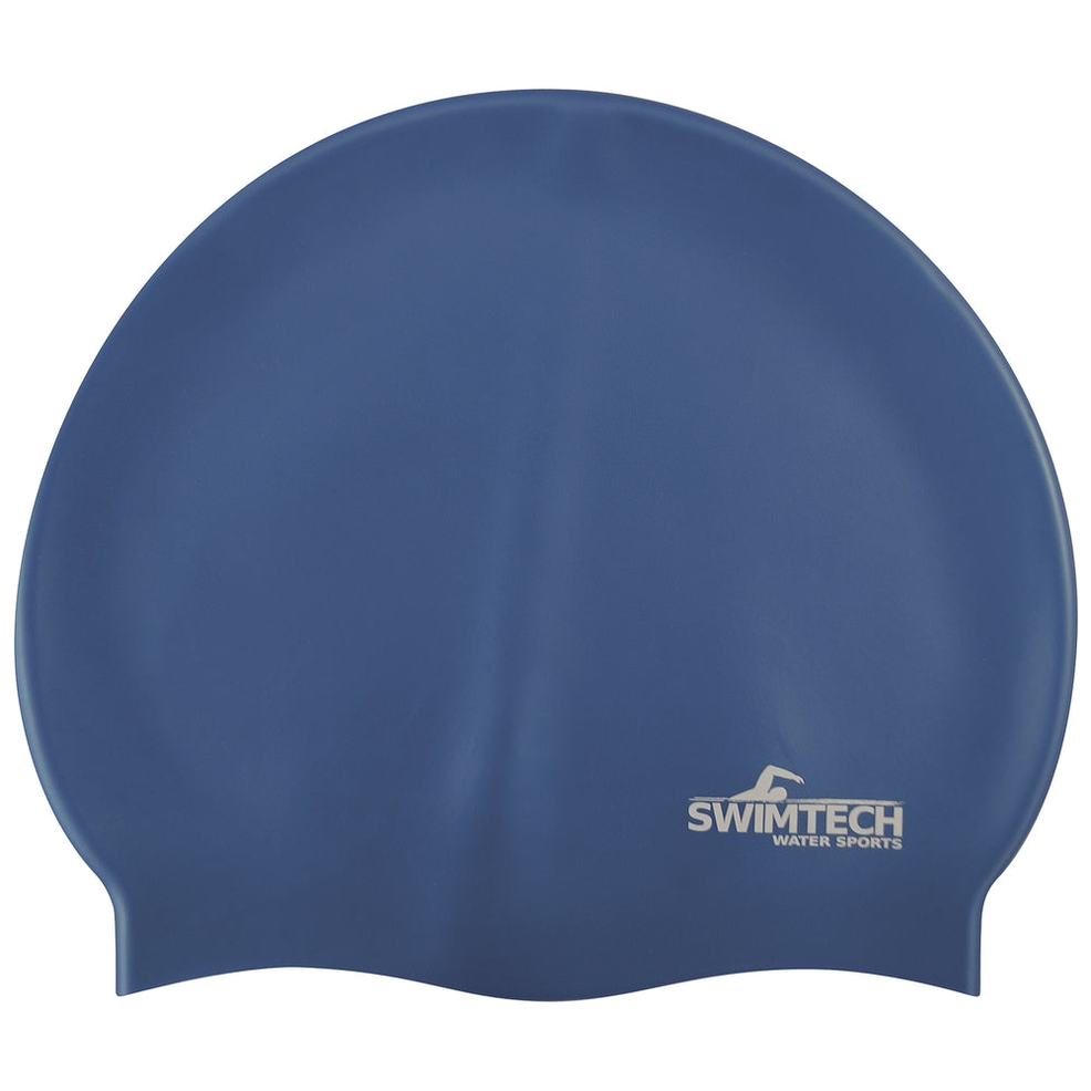 SwimTech Silicone Swim Cap in bright blue, designed for comfortable, waterproof fit for competitive swimming and training.